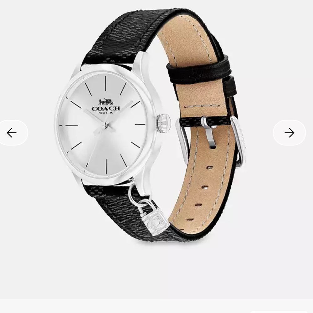 Coach Silver Dial Watch with Black Leather Strap and Charm